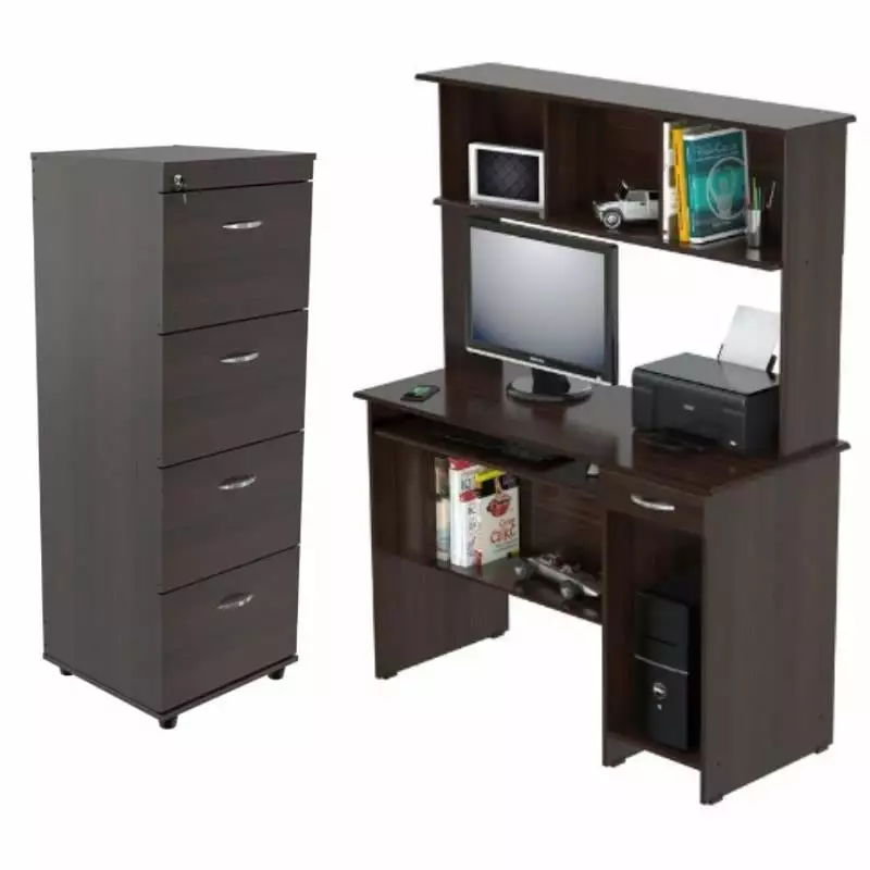 Home Square 2-Piece Set Computer Desk Hutch & 4-Drawer File Cabinet - Complete Office Solution
