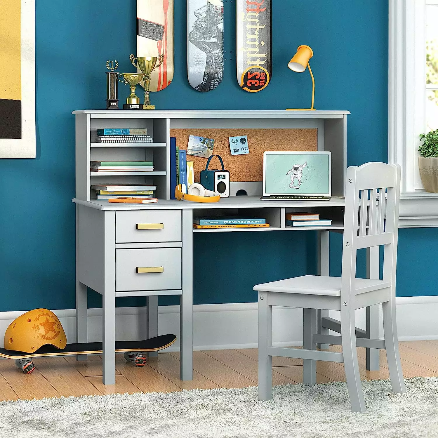 FJU Taiga Desk Hutch and Chair - Gray Kids Wooden Computer Study Desk Set Storage