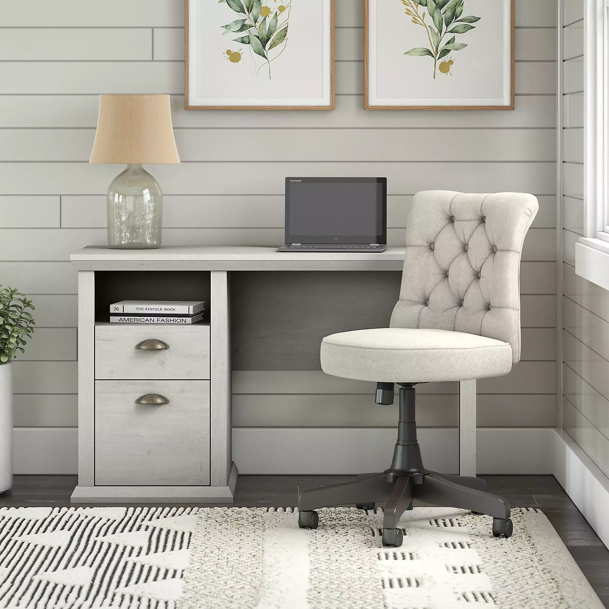 Bush Yorktown 50 White Oak Engineered Wood Home Office Desk Chair Set Bush Furniture