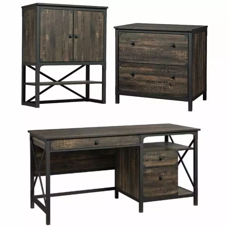 Home Square 3-Piece Computer Desk Set Hutch and Lateral File Carbon Oak