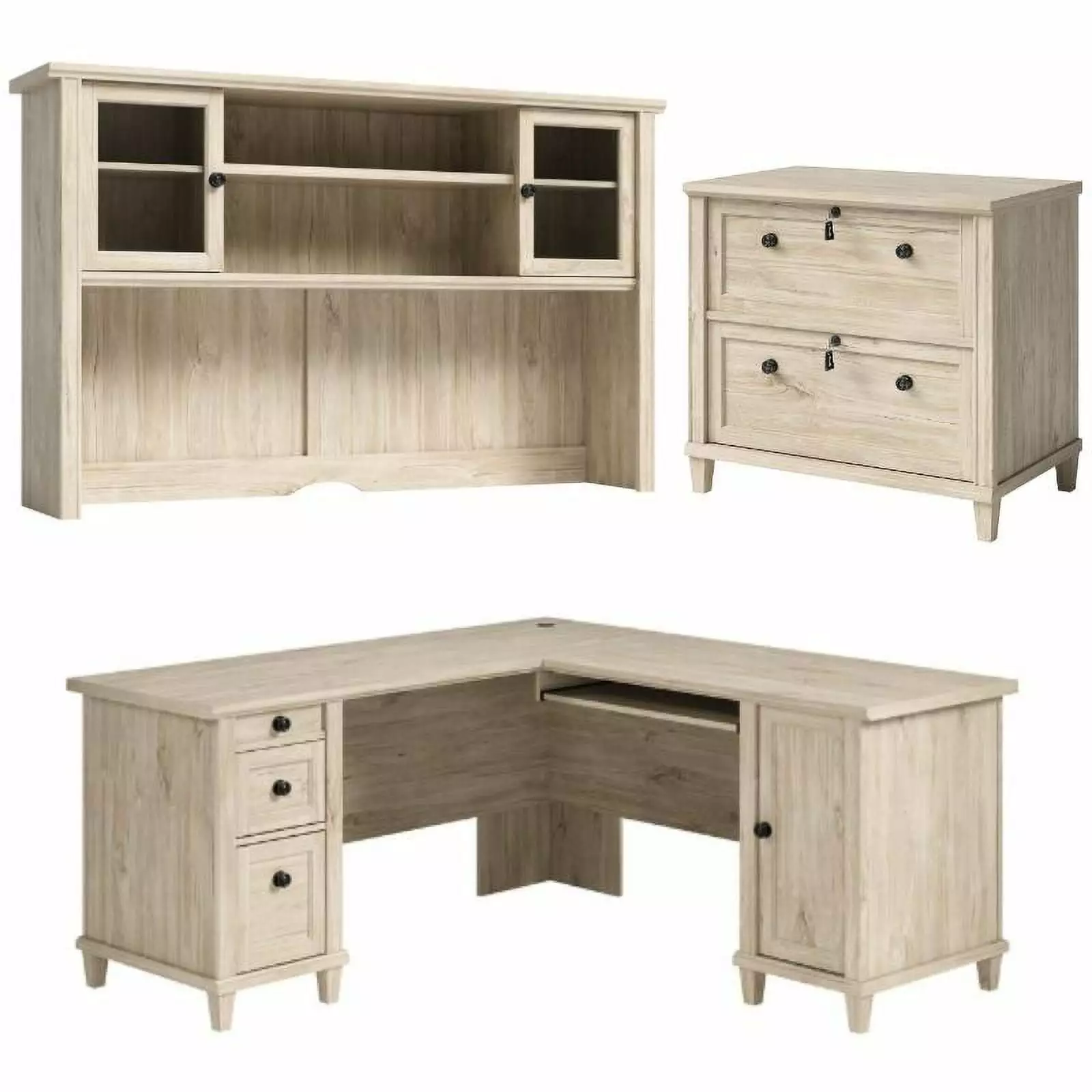 Home Square 3-Piece L-Shaped Desk Set Library Hutch and File Cabinet
