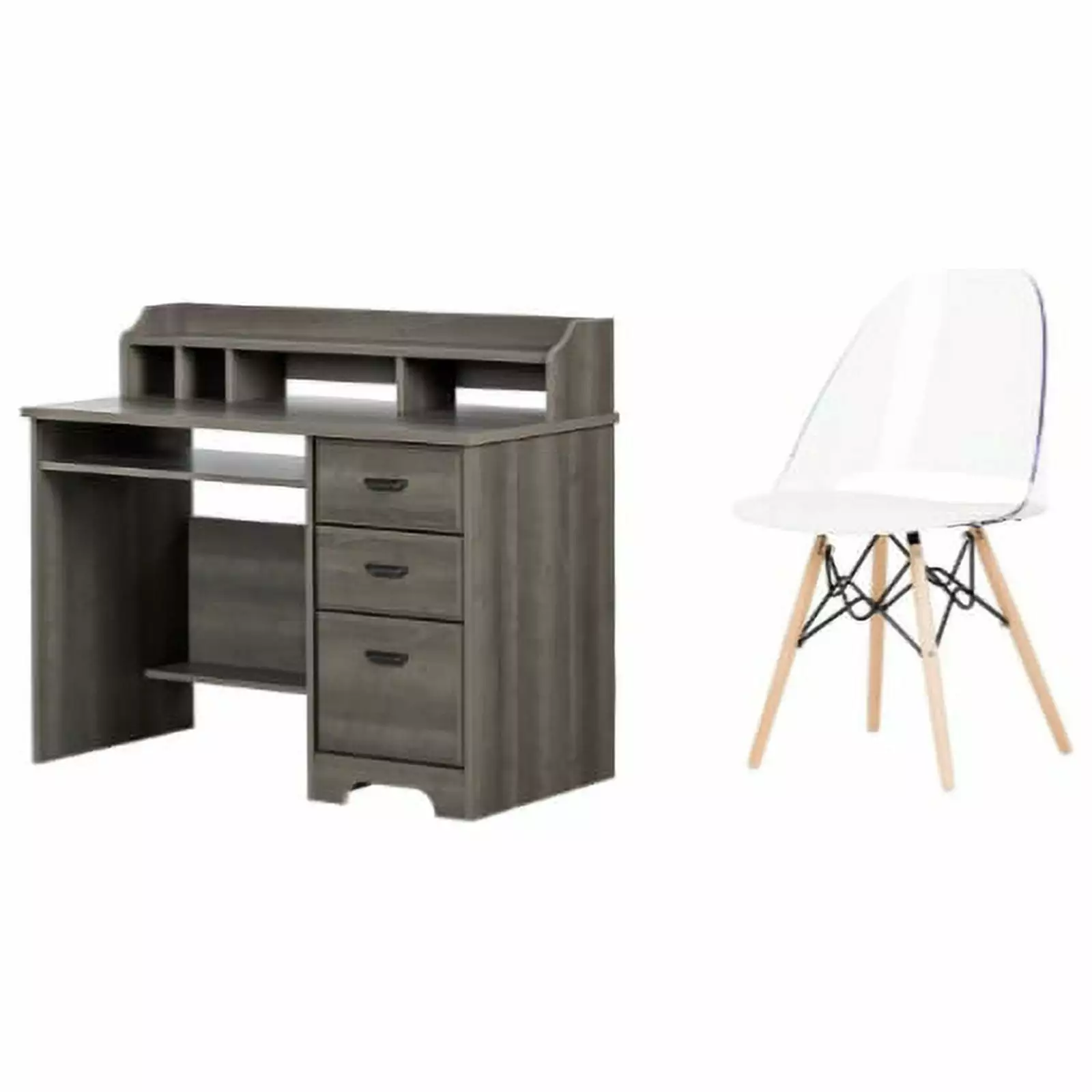 South Shore Versa Gray Maple Desk and 1 Annexe White Eiffel Style Chair Set Home Office Set