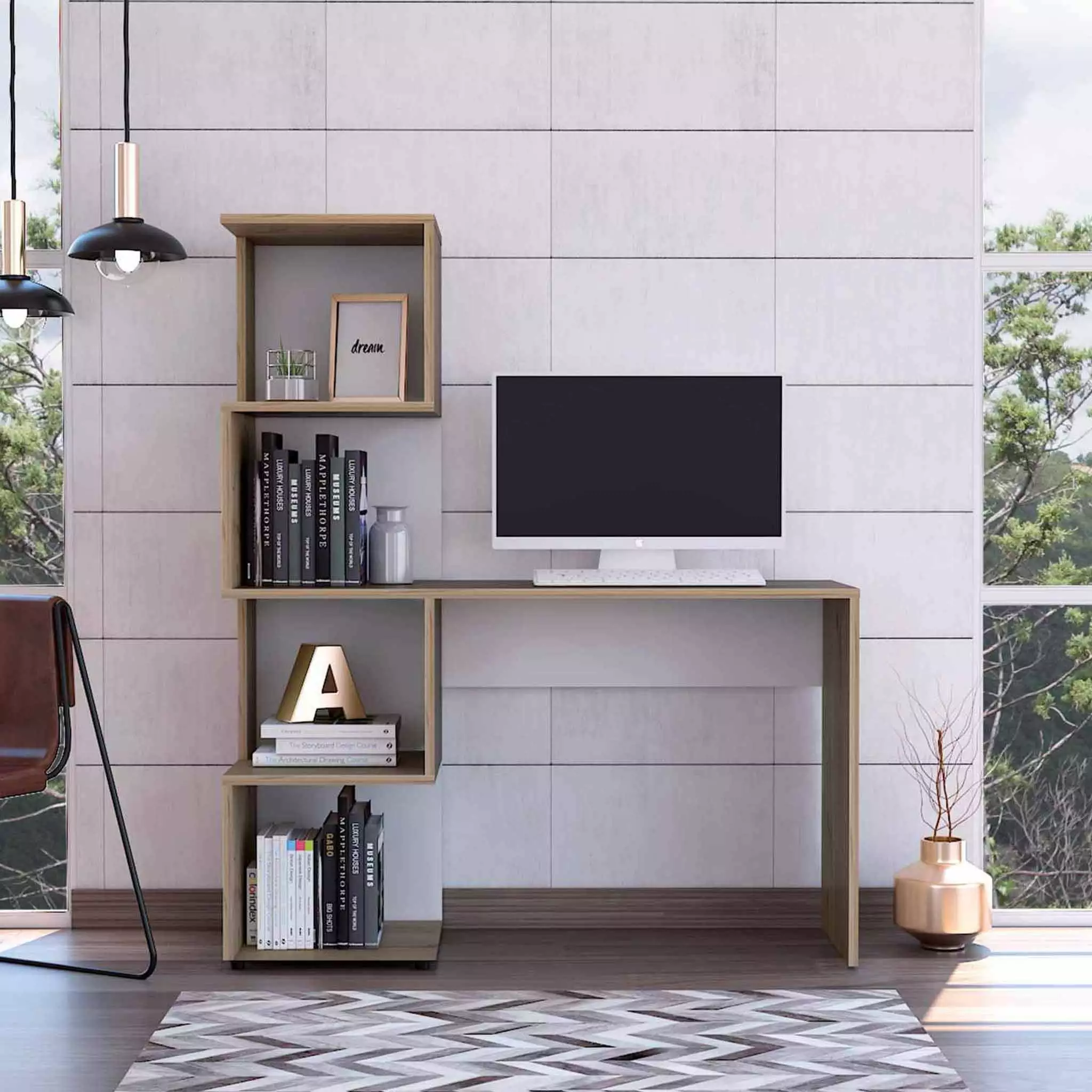 Modern Cubby White Computer Desk and Bookcase - Compact Workstation Built- Shelves HomeRoots