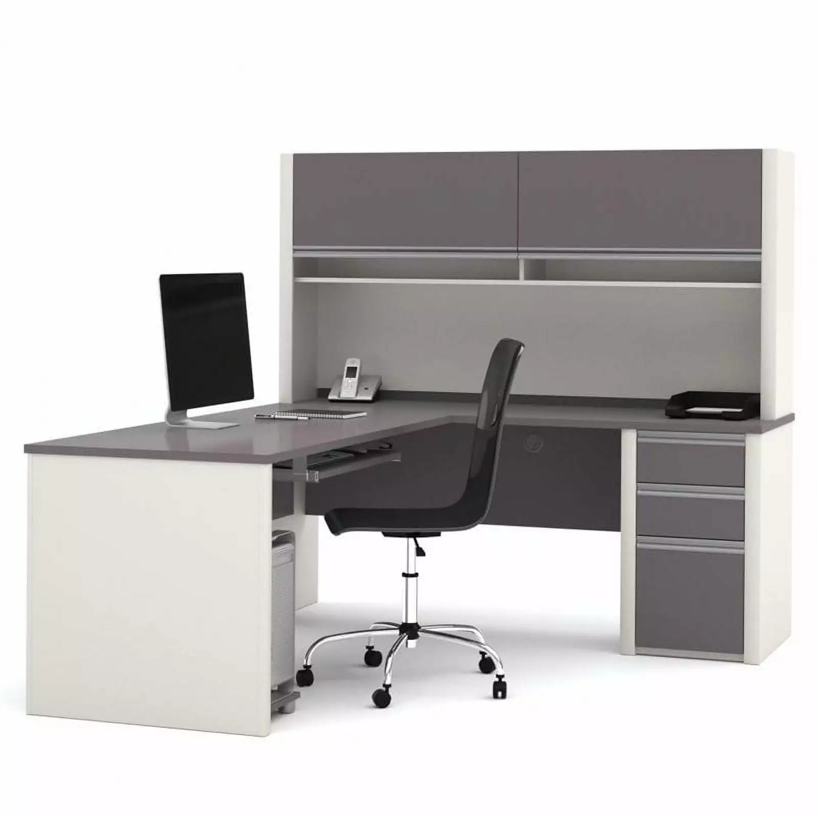 Bowery Hill L-Shaped Computer Desk Hutch Sandstone and Slate - Modern Home Office Desk Storage