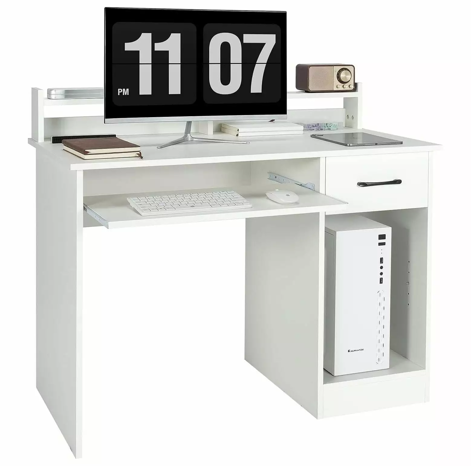 CodYinFI Computer Desk Hutch and Drawer - Adjustable Shelf Keyboard Tray Study Writing Desk White