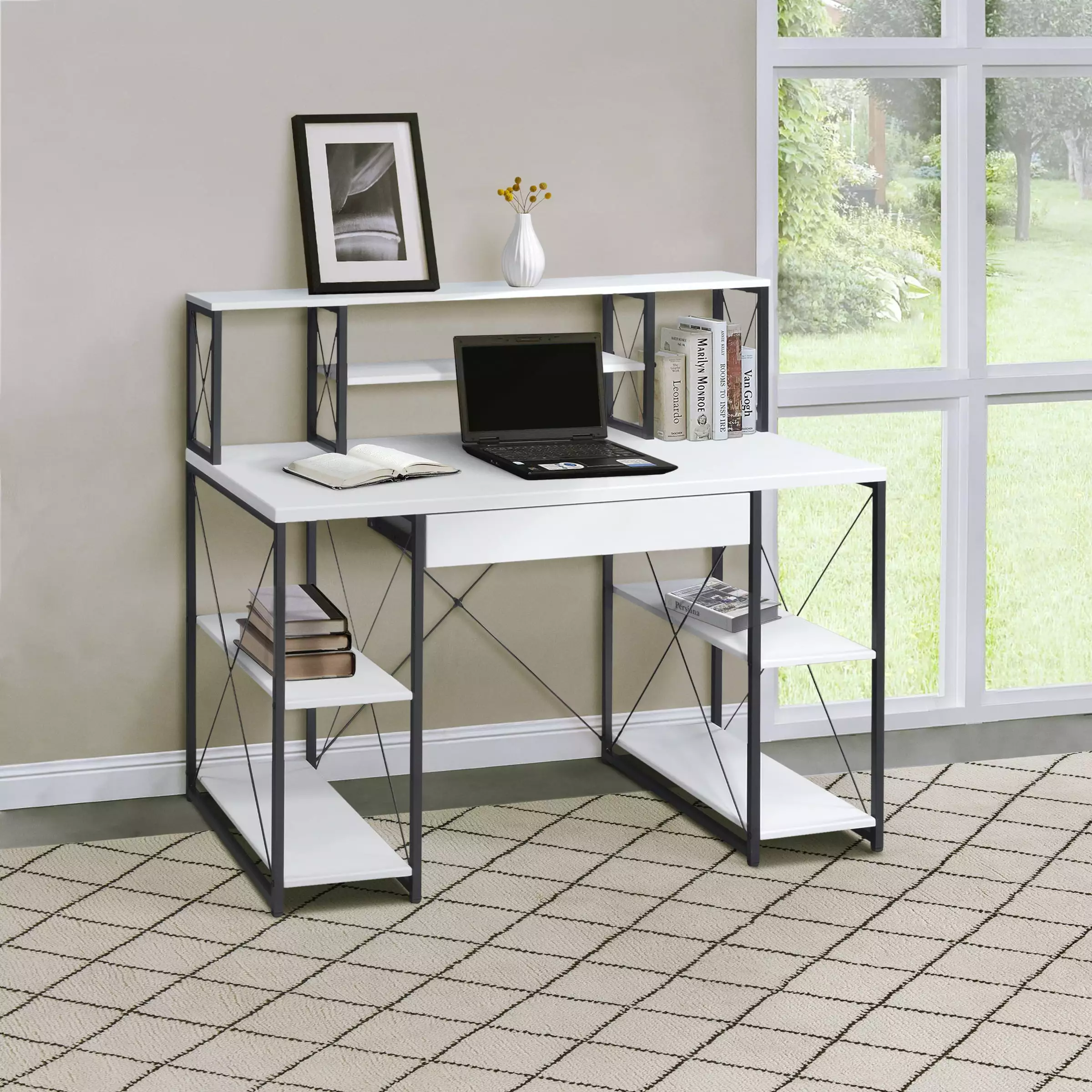 GeeHome White and Black Office Desk Open Shelves and Hutch