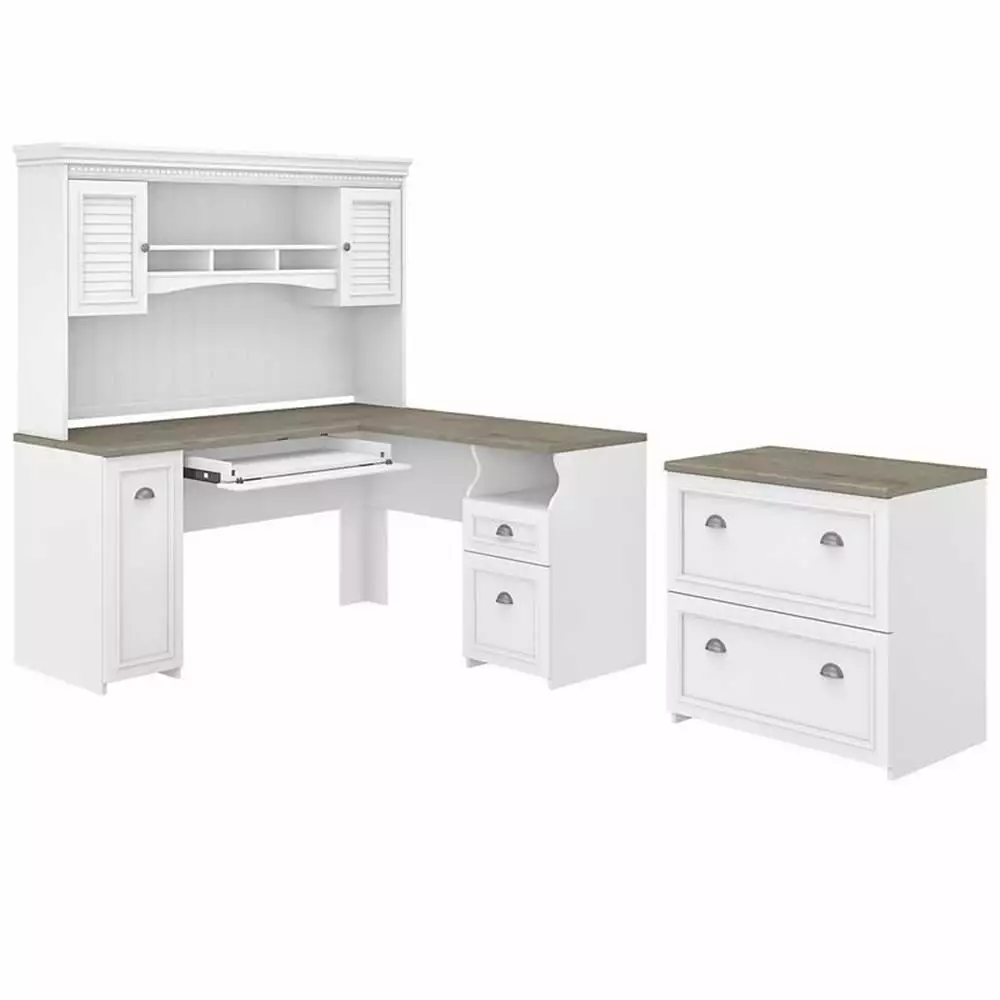 Pemberly Row L Desk Hutch & File Cabinet White & Gray - Engineered Wood - Complete Office Setup