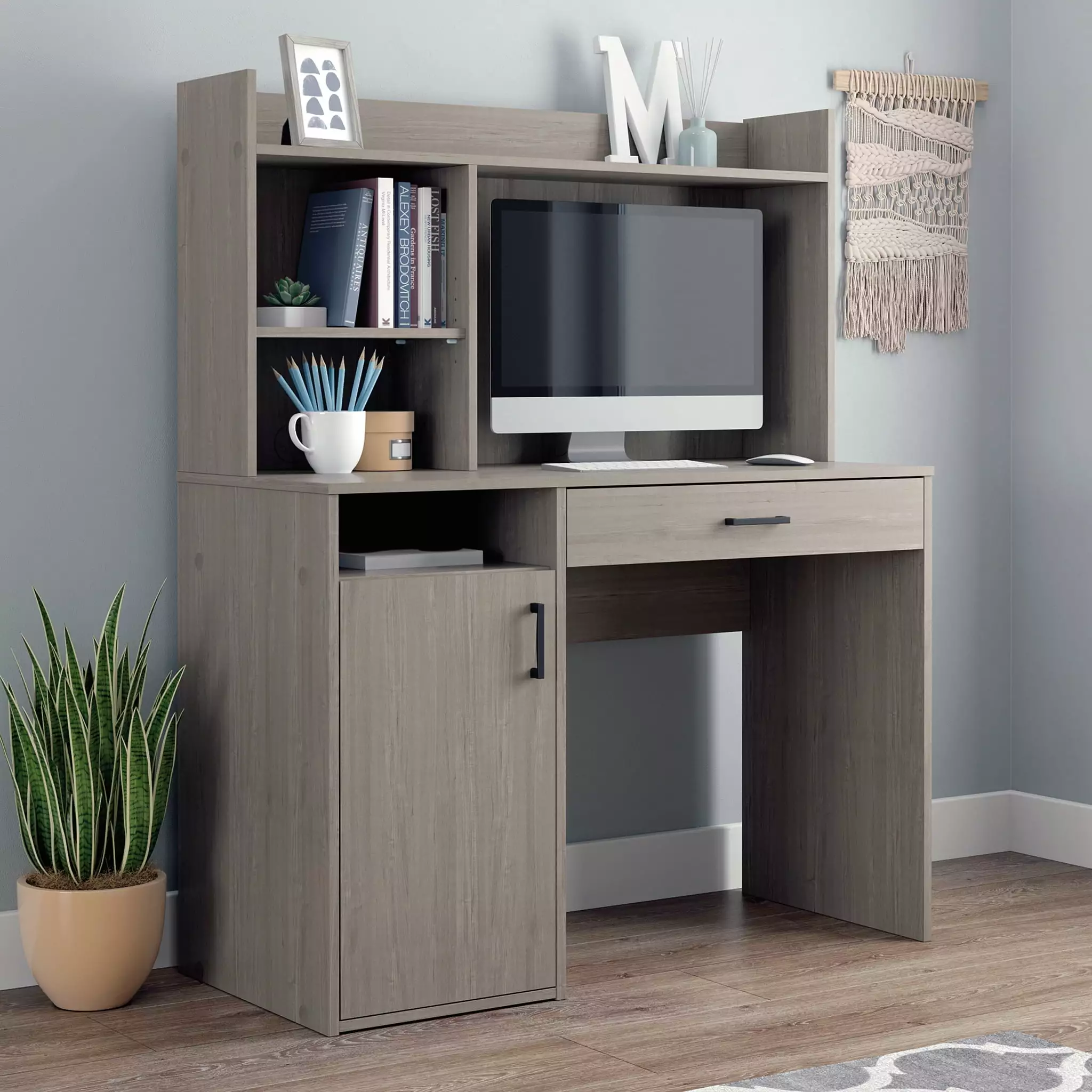 Sauder Beginnings Desk Hutch and Drawer Silver Sycamore Finish