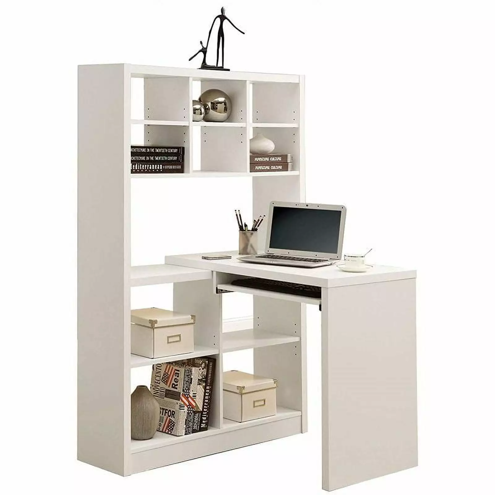 Bowery Hill Corner Computer Desk Storage Bookcase Shelves White - Modern Home Office Desk
