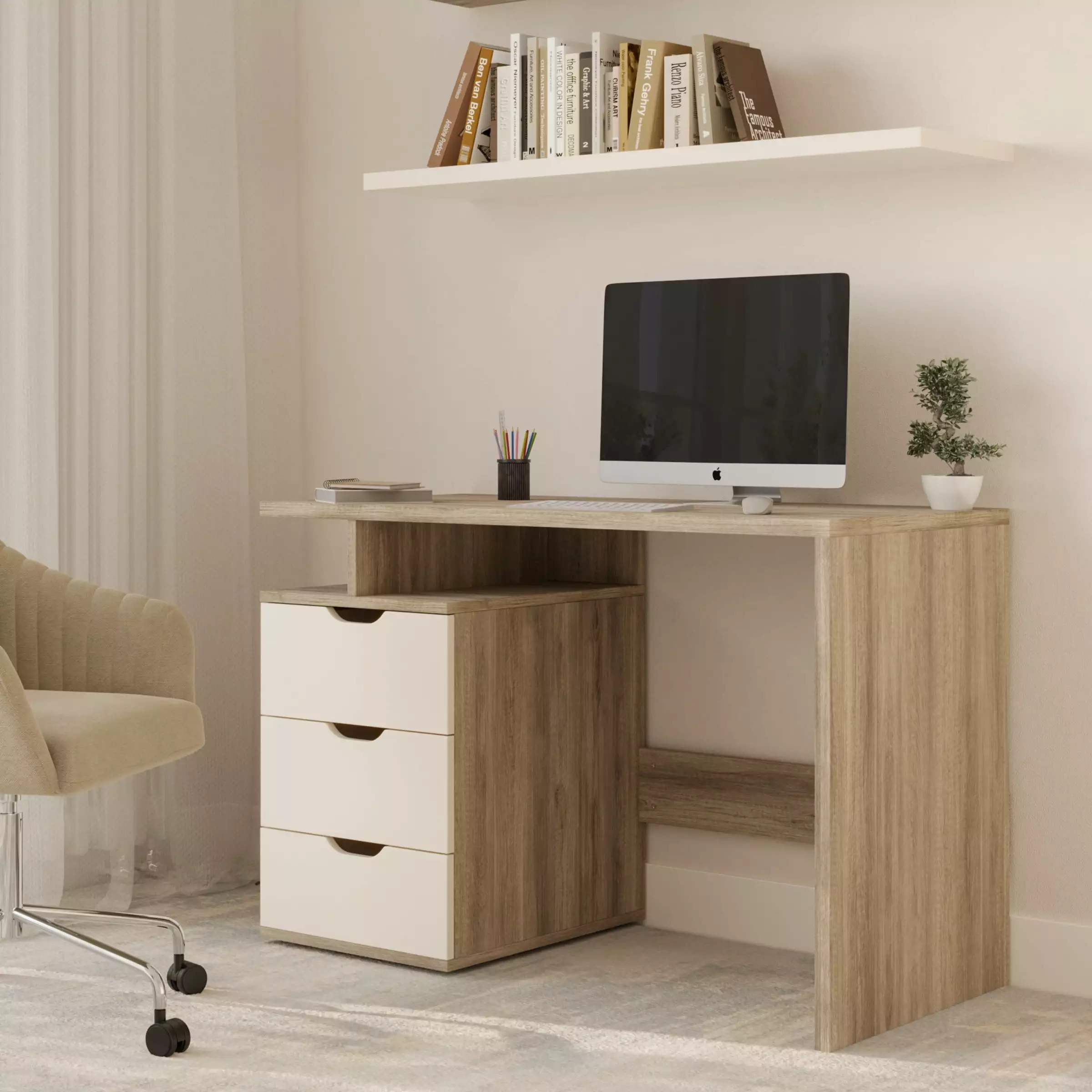 Lavish Home Computer Desk Attached 3-Drawer File Cabinet White