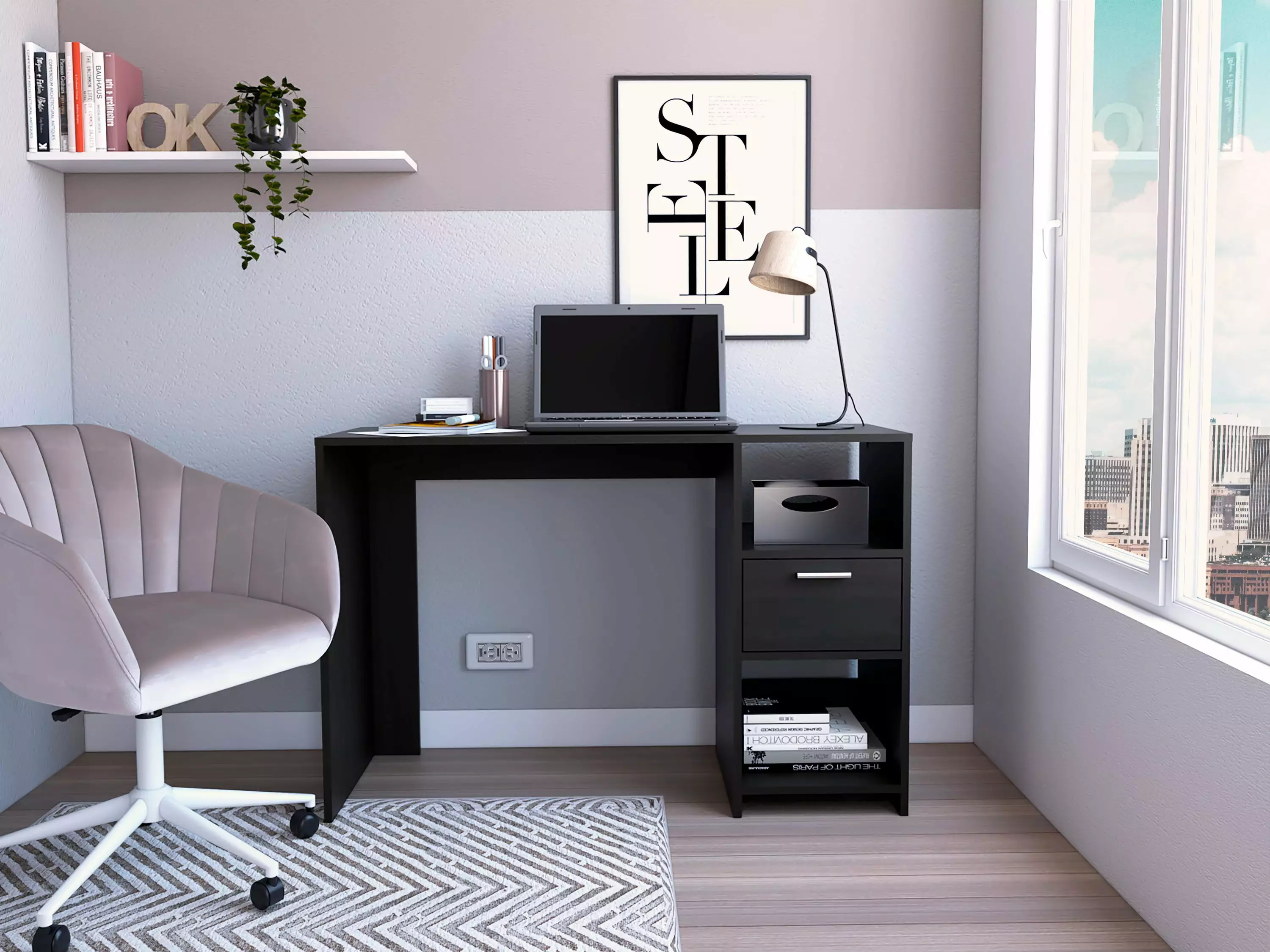 Black Computer Desk 1 Drawer and 2 Open Storage Shelves Home Office SMHZ