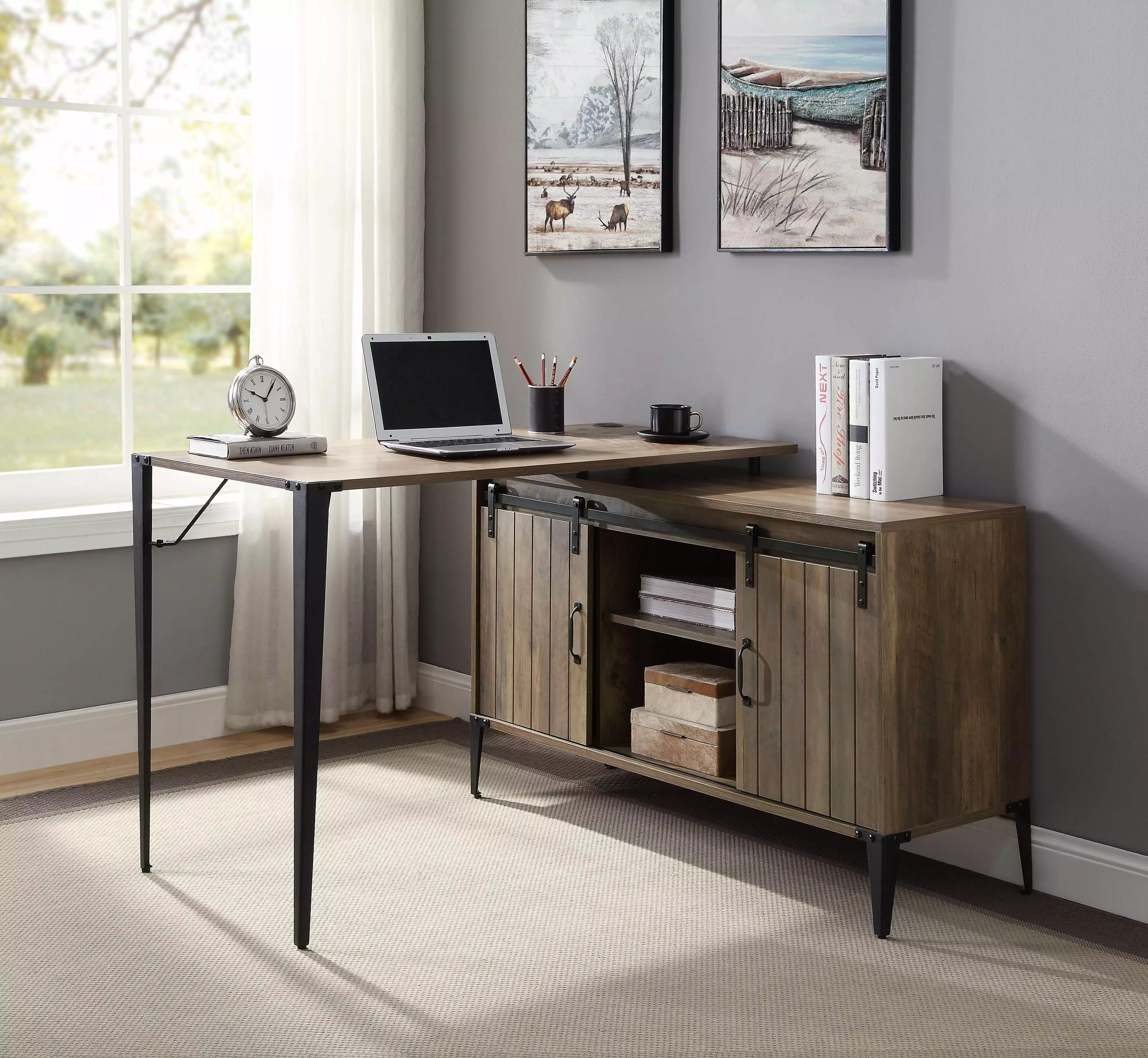 GeeHome Zakwani Writing Desk USB Rustic Oak and Black Finish