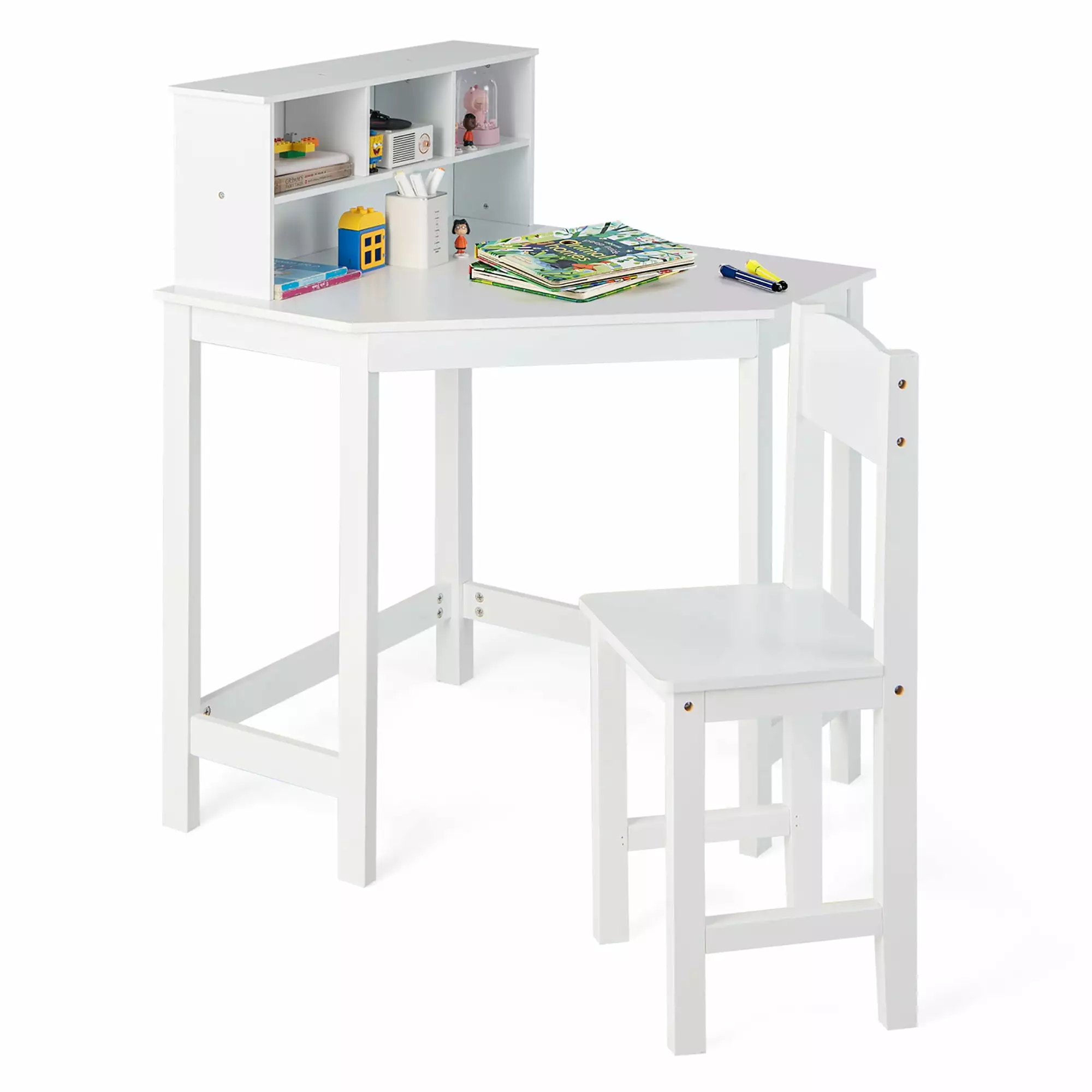 Costway Kids Corner Desk Chair Set Wooden Study Writing Workstation Storage Hutch Children