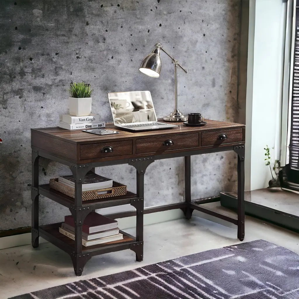 Espresso Oak and Antique Black 3 Drawer Writing Desk furniture max