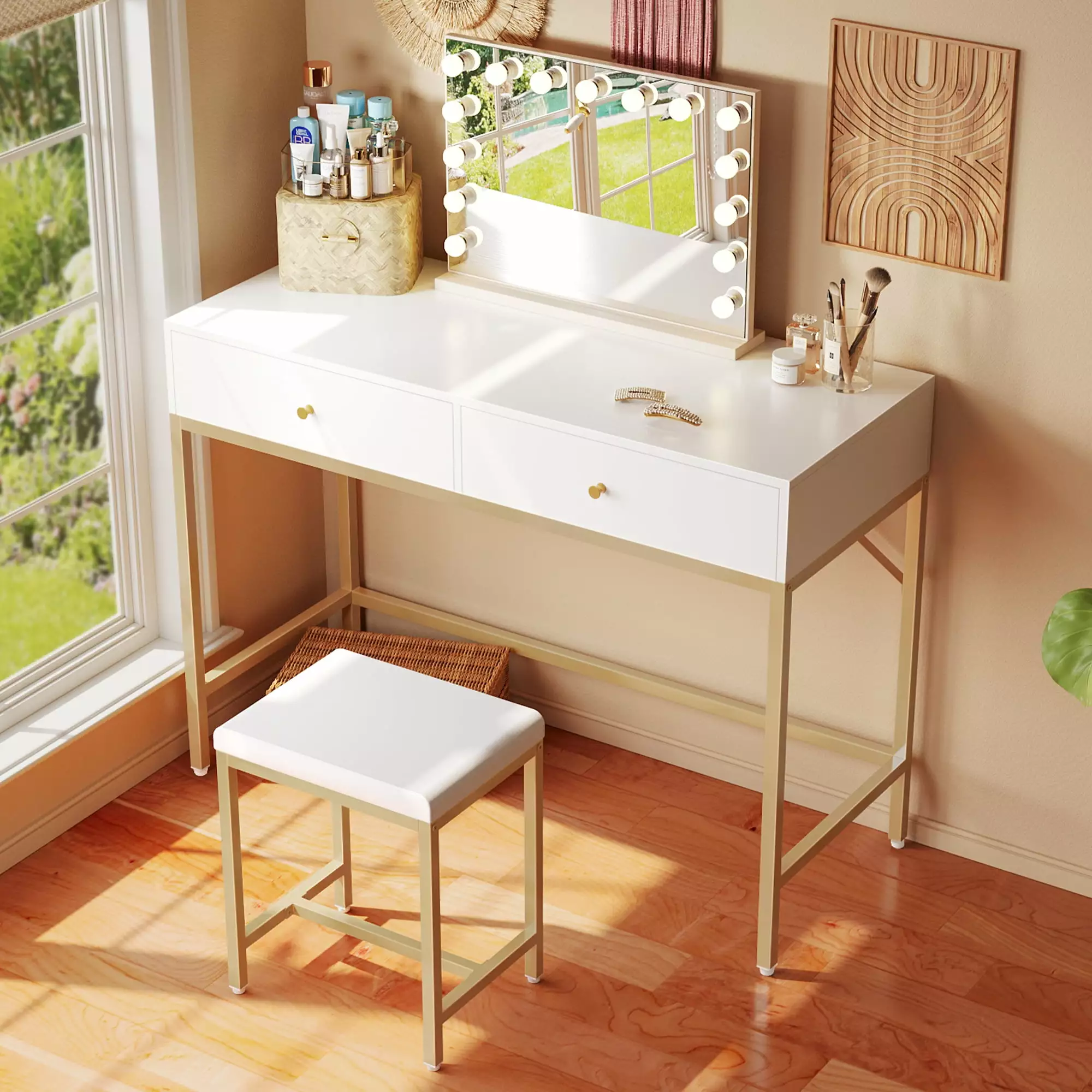 35.4 Inch White and Gold Modern Computer Desk 2 Drawers and Padded Stool SUPERJARE