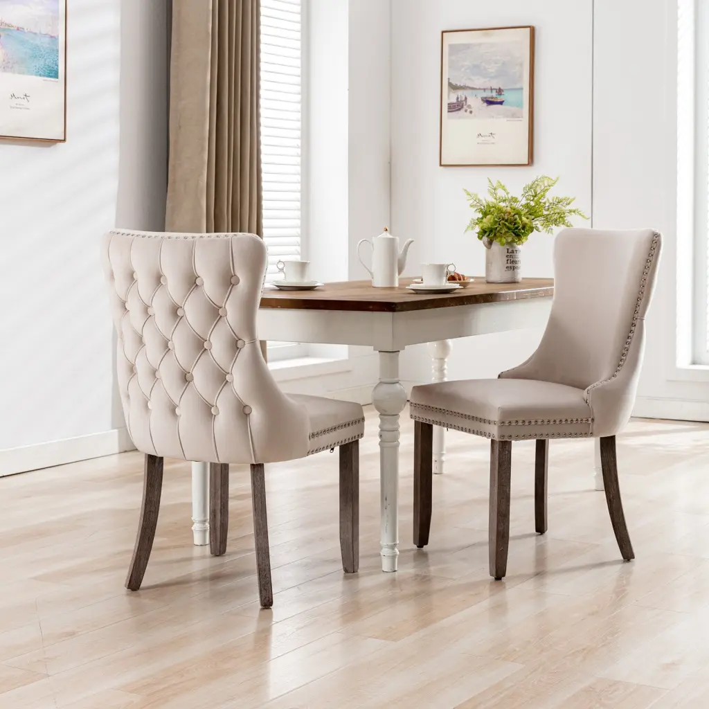 Upholstered Wing Back Dining Chair Backstitching Trim and Solid Wood Frame a-a furniture