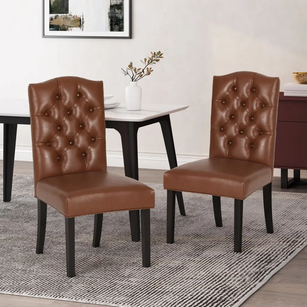 Harriet KD Tufted Dining Chair Light Brown PU Leather Comfortable Seating nh-purenest