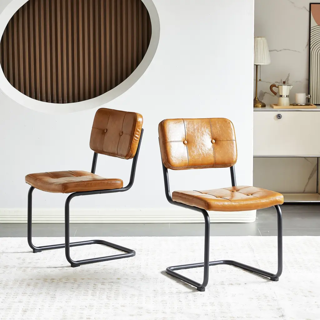 Brown Modern Effortless Style Dining Chair PU Leather Black Metal Pipe Dining Chair rnb