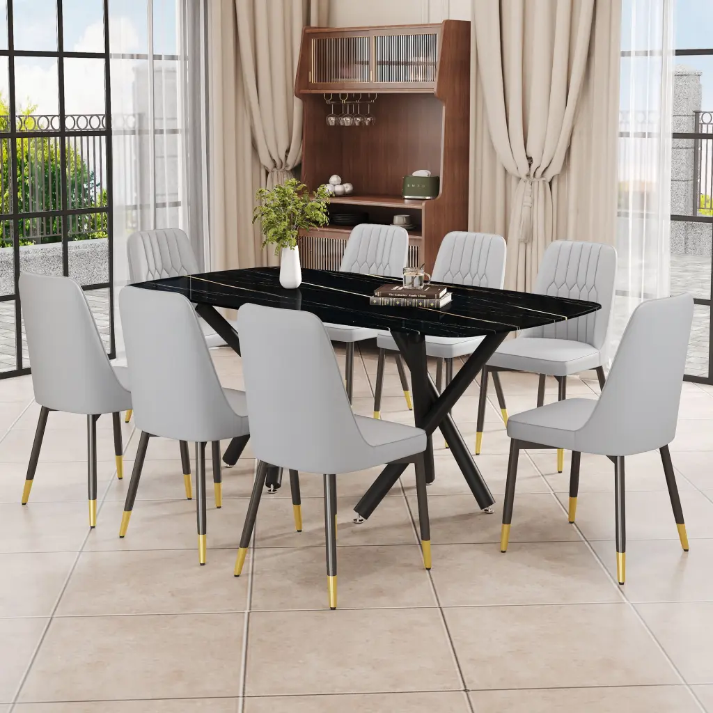 Dining Table Set 1 Table and 8 Chairs Rectangular Marble Look droom w-1151