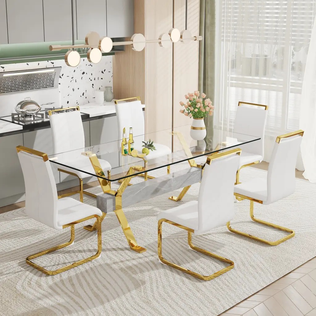 Modern Tempered Glass Dining Table Set 1 Table And 6 Chairs droom w-1151