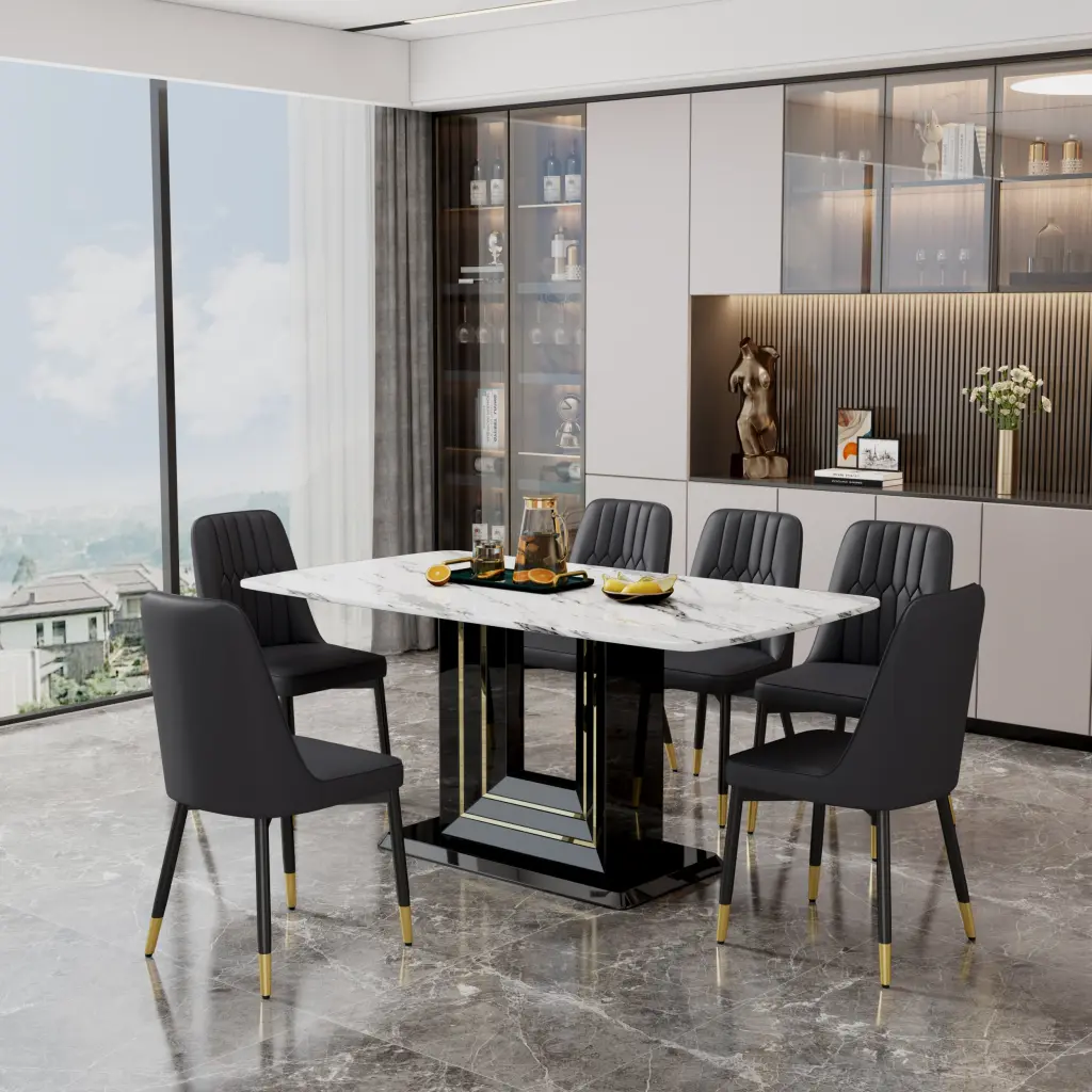 Table and Chair Set 1 Table 6 Black PU Chairs White Imitation Marble Top droom w-1151