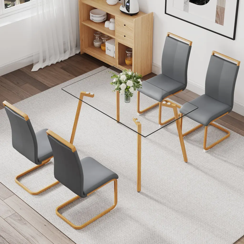 Table and Chair Set 1 Table and 4 Grey Chairs Glass Dining Table Metal Frame droom w-1151