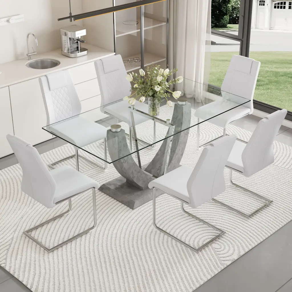 1 Table and 6 Chairs Set Large Rectangular Dining Table 0.39 Inch Top droom w-1151