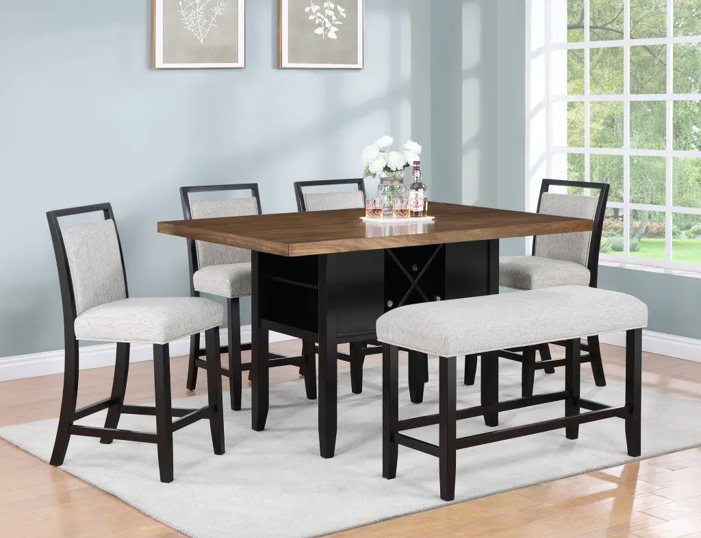 6 Piece Counter Height Dining Set Black Brown Finish Rectangular Table kanepe