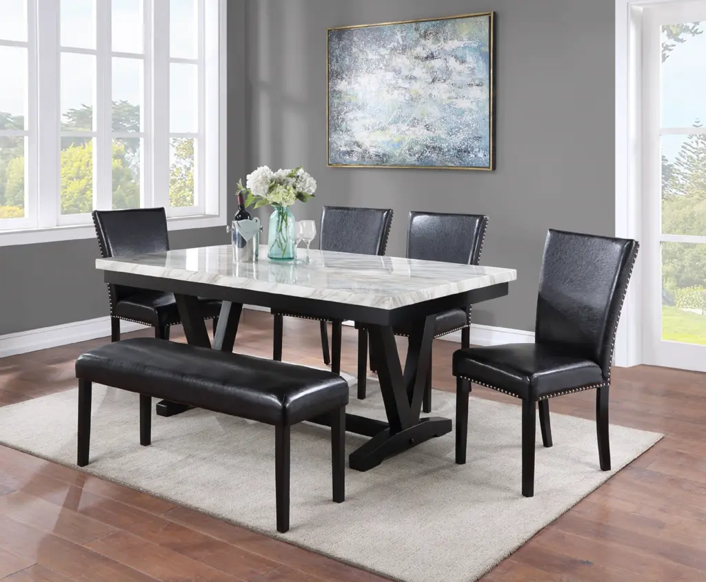White Faux Marble Black Finish Dining Table Set Black Faux Leather Upholstered Chairs kanepe