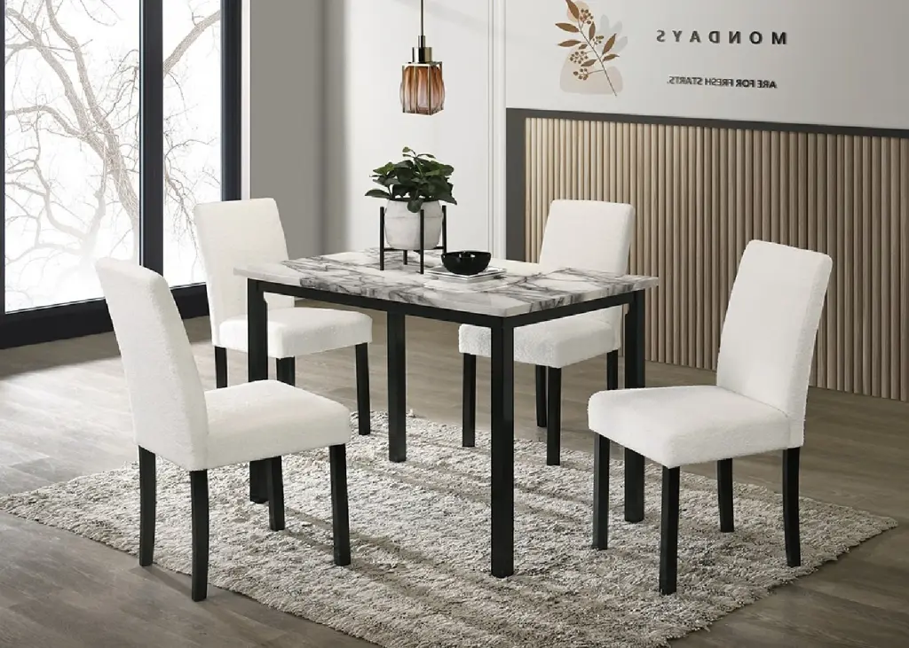 White Wool Fabric Chairs Faux Marble Top Table 5 Piece Dining Set kanepe
