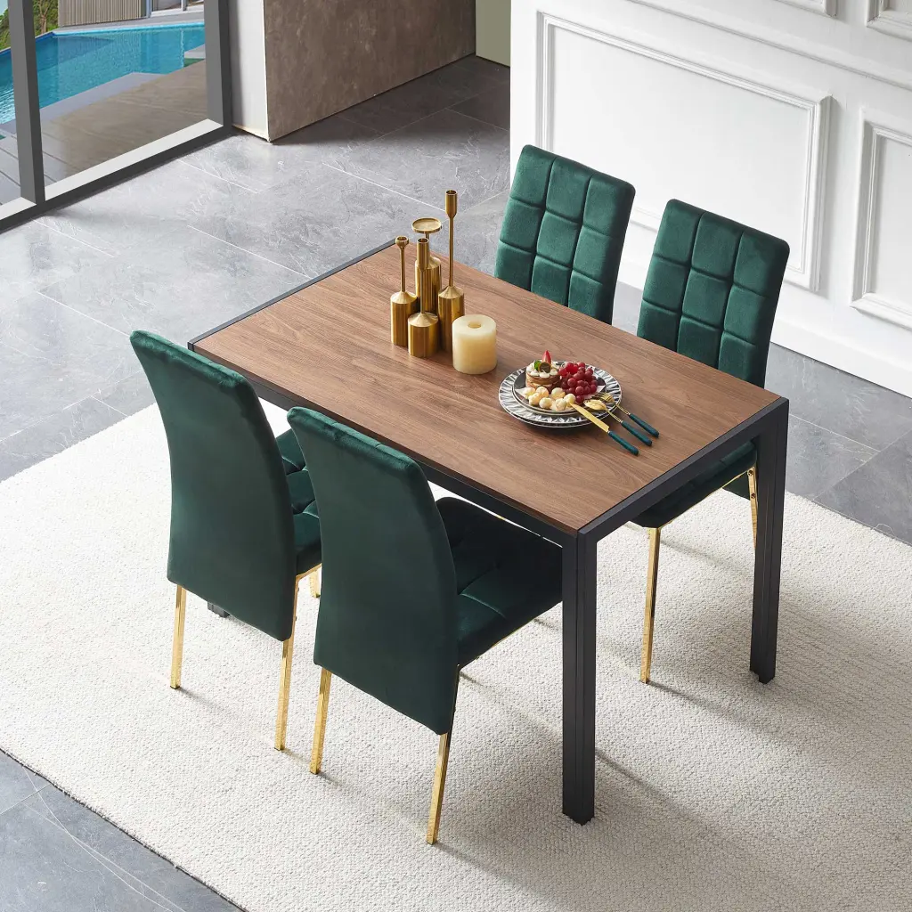 5 Piece Dining Set Green Velvet High Back Chairs Golden Legs bn smart home w1164