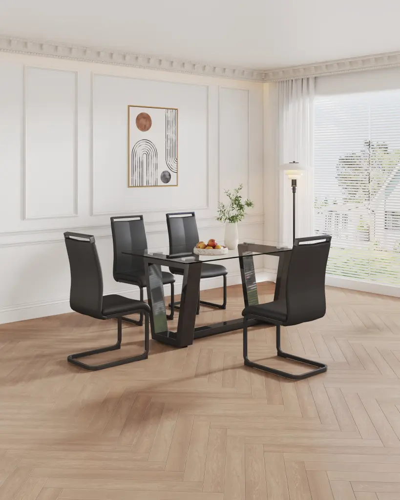 Table and Chair Set 0.4 Inch Tempered Glass Table and 4 Black Chairs droom w-1151