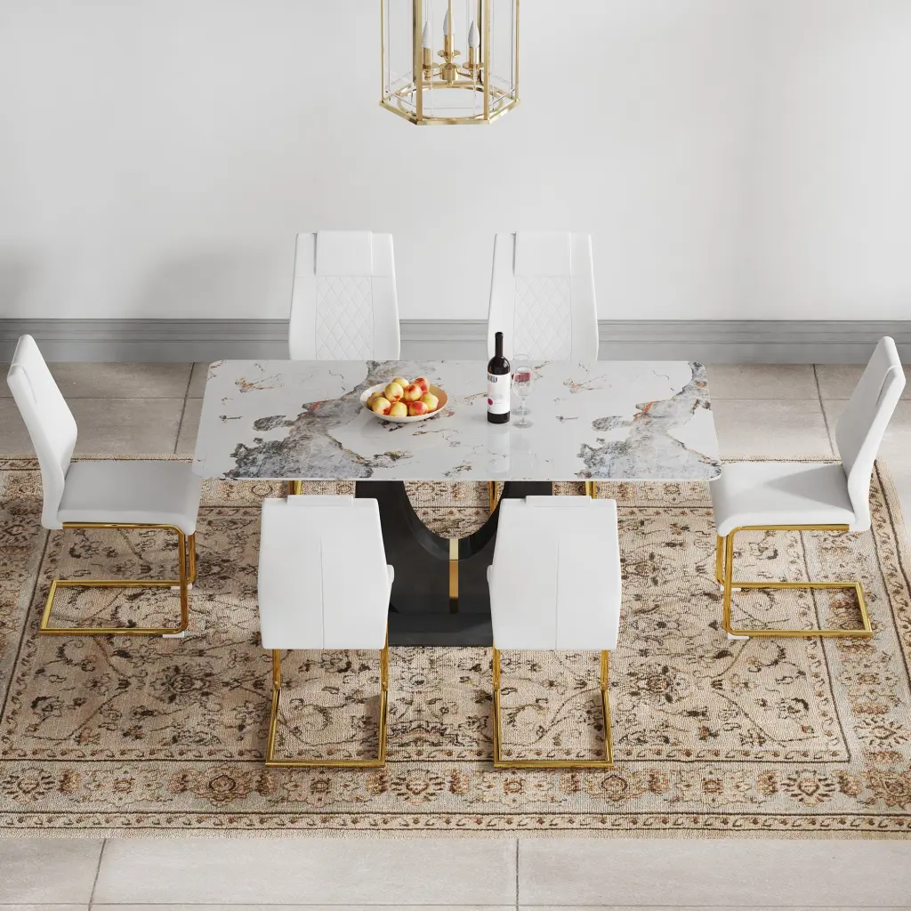 Table And Chair Set, Modern Dining Table, Patterned Table Top And Blac droom w-1151
