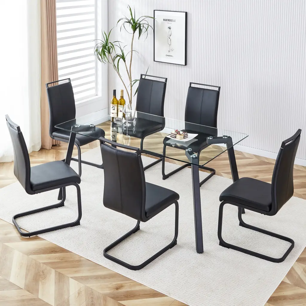 Table And Chair Set 1 Table And 6 Chairs Rectangular Glass Dining Table droom w-1151