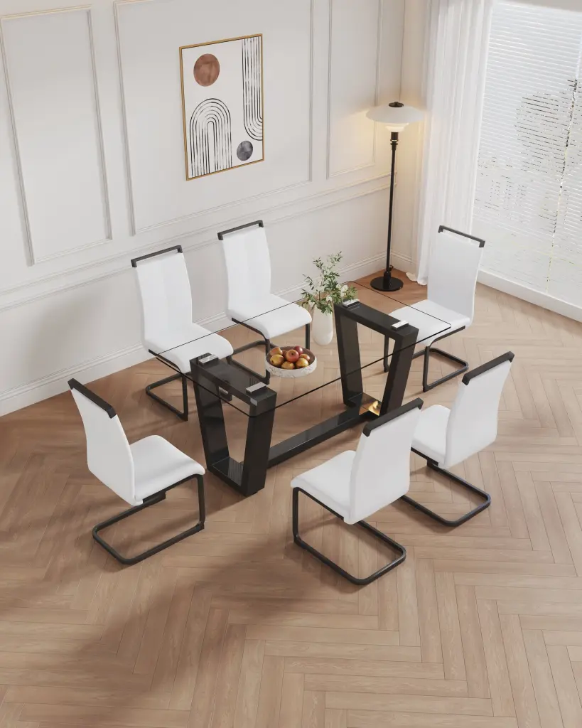 Table and Chair Set - 1 Table 6 White Chairs and 0.4 Inch Tempered Glass droom w-1151