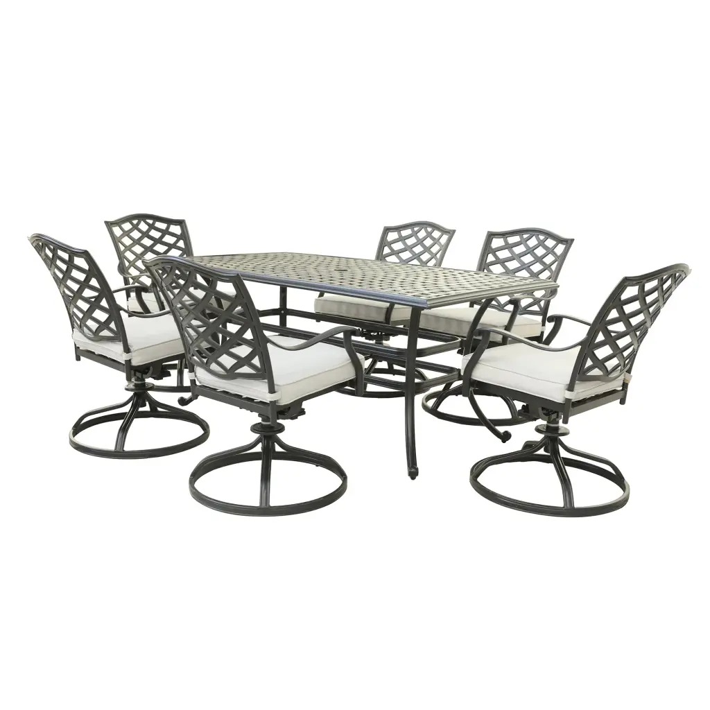 Aluminum 7 Piece Rectangular Dining Set 6 Swivel Rockers Cast Iron gathercraft