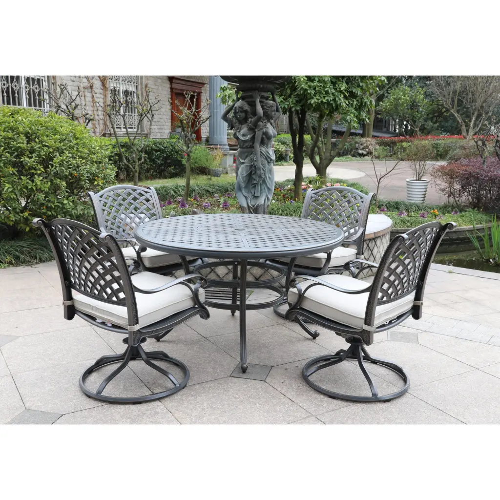 Cast Aluminum 5 Piece Round Dining Set 4 Swivel Rocking Chairs gathercraft