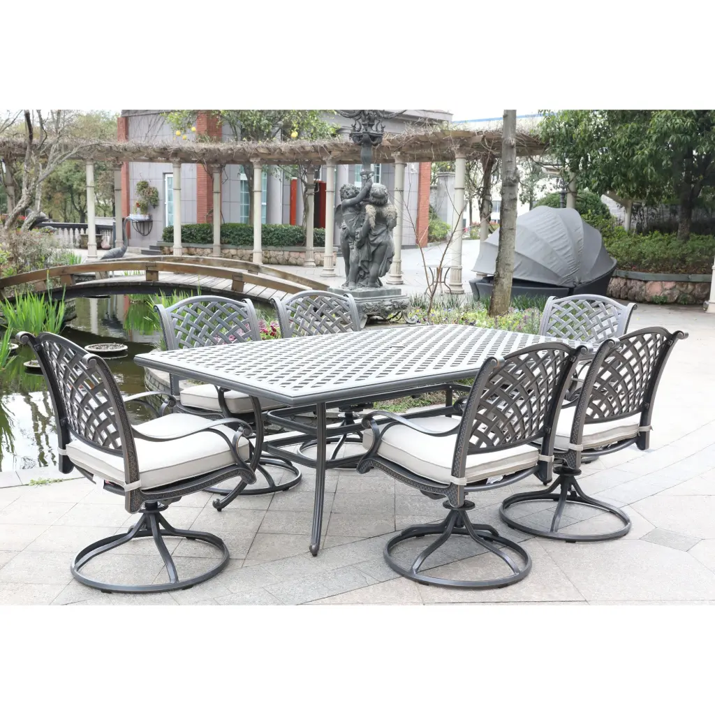7 Piece Rectangular Dining Set 6 Swivel Rockers Dessert Night Table Patio gathercraft