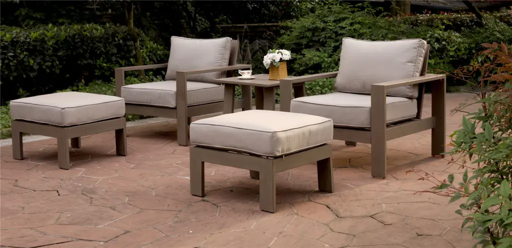 5 Piece Seating Group Cushions Wood Grained Pewter Polyester Aluminum gathercraft