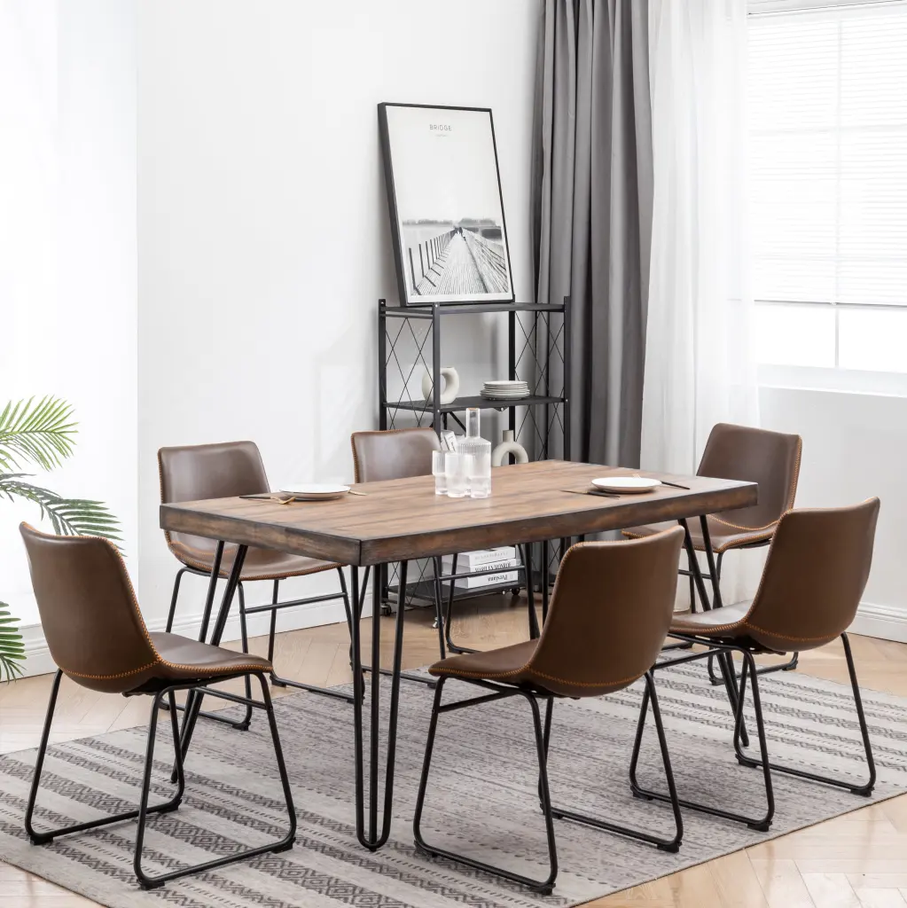 Aryven Industrial 7 Piece Dining Set Antique Brown Metal Table hz