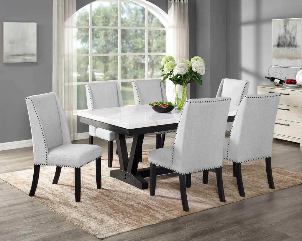 7 Piece Contemporary Dining Set White Marble Rectangular Table Chairs kanepe