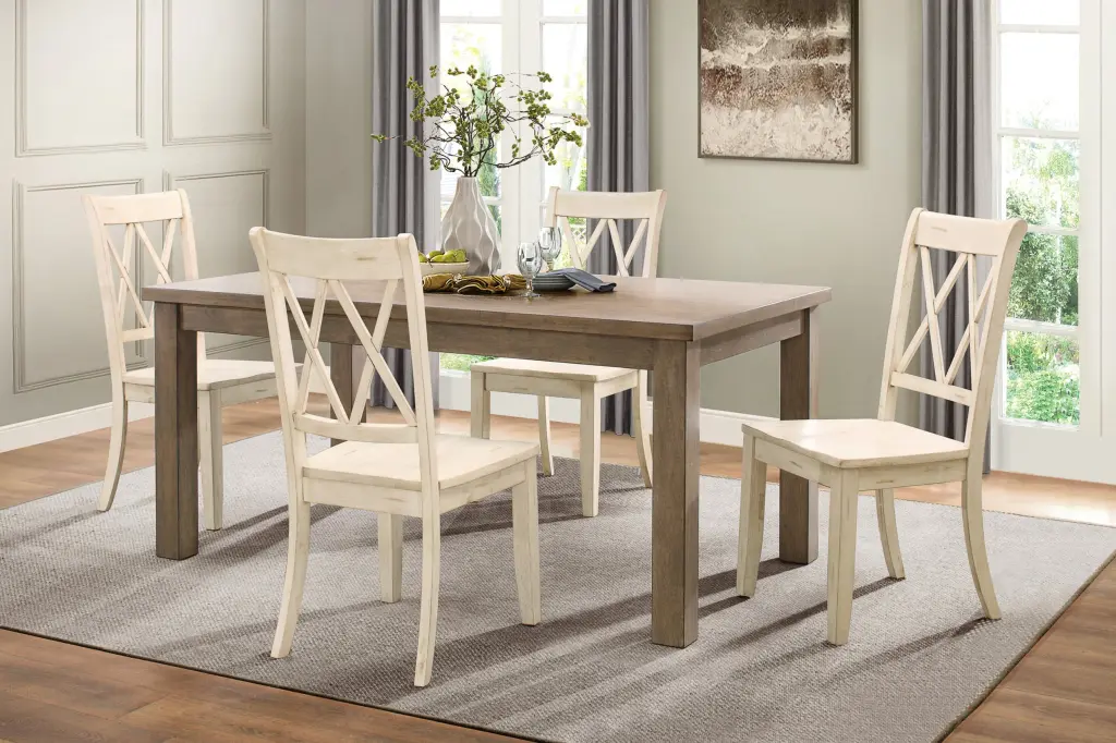 5 Piece Dining Set Natural Finish Table and 4 White Wood Side Chairs kanepe