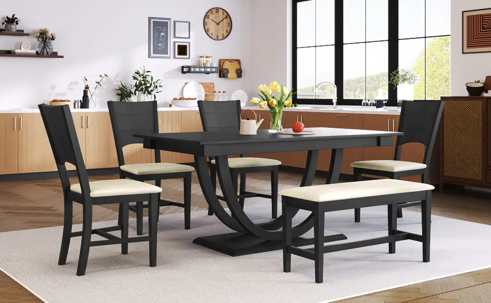 6 Piece Wood Half Round Dining Table Set Kitchen Table Long Bench rnb