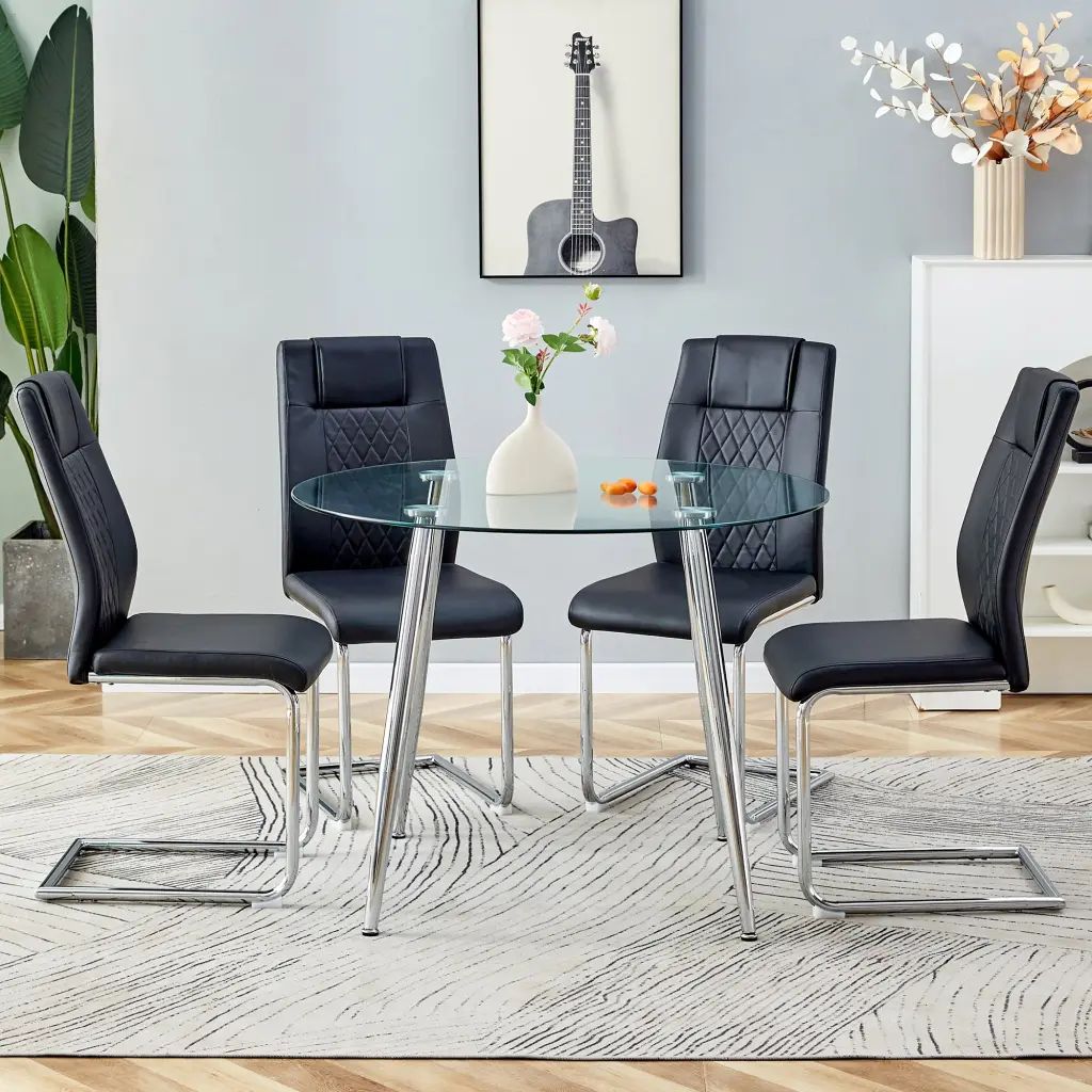 4-Piece Round Dining Table Set Black Chairs - Compact Kitchen Table Small Spaces droom w-1151