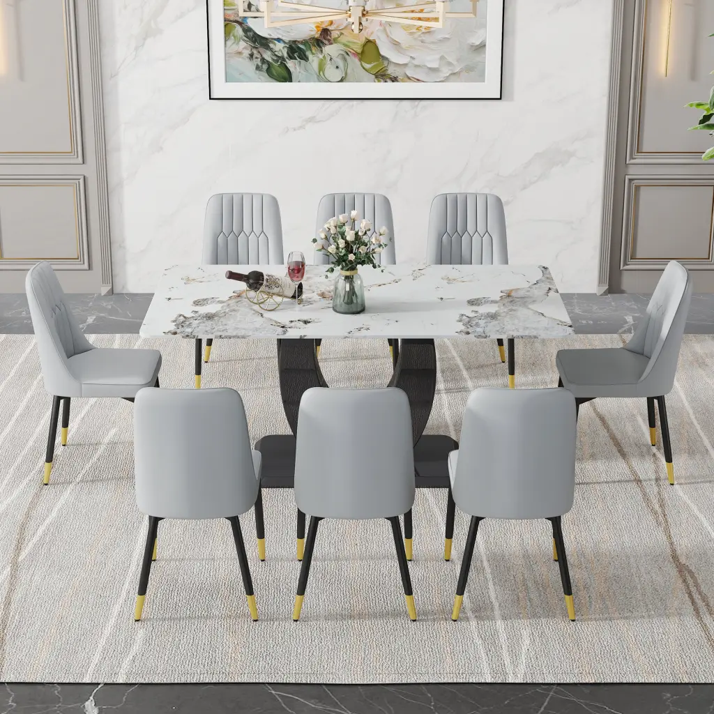 Modern Dining Table and Chair Set Patterned Table Top and Black Chairs droom w-1151