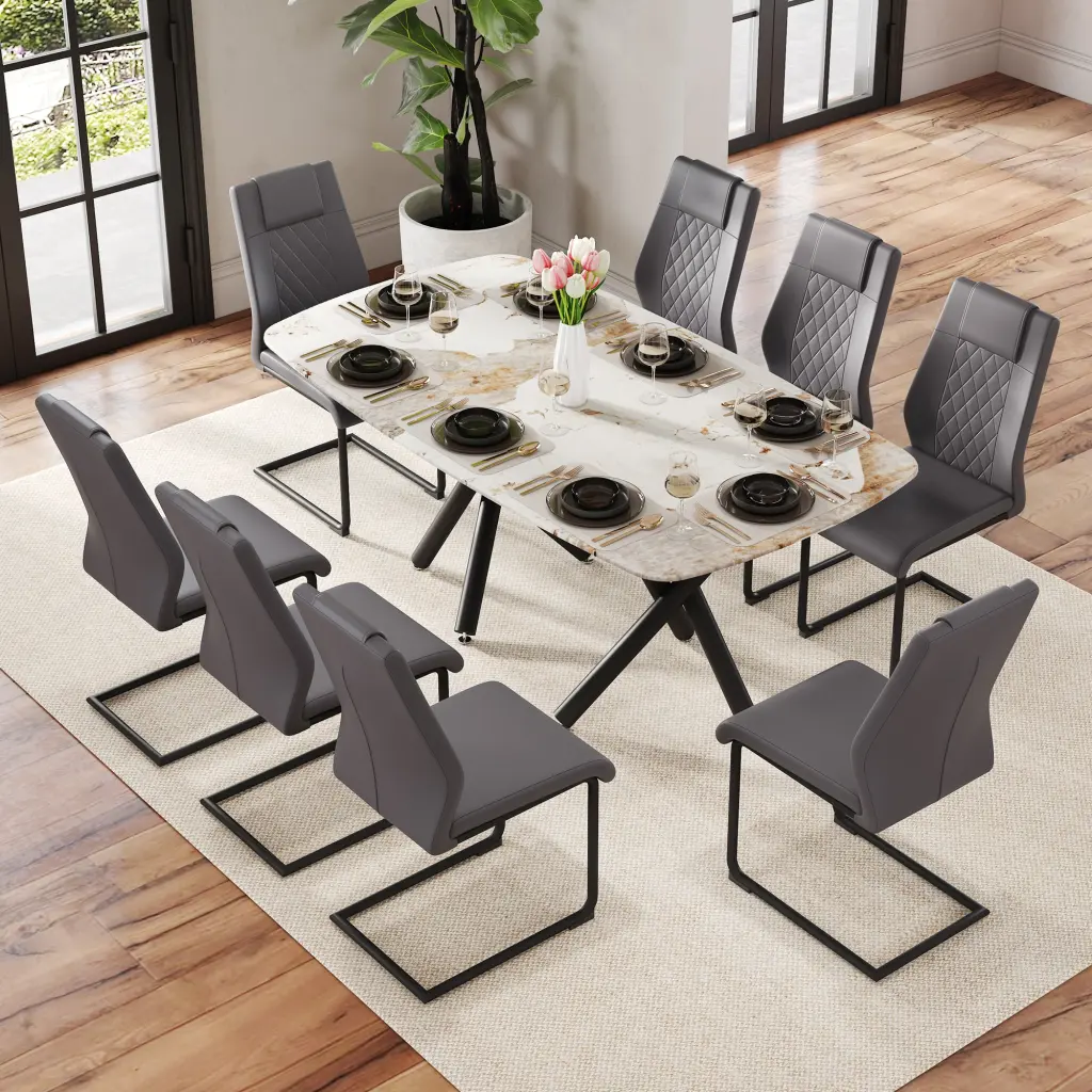 Rectangular Dining Table Set 8 Chairs 0.39 Inch Thick Top Modern Kitchen Furniture droom w-1151