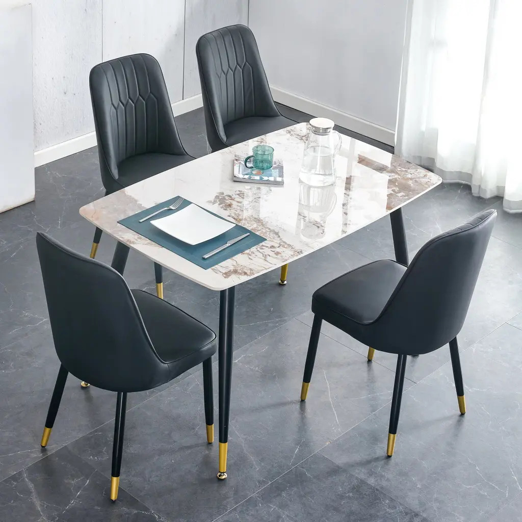 Table and Chair Set Patterned Stone Burning Tabletop Black Metal Frame droom w-1151