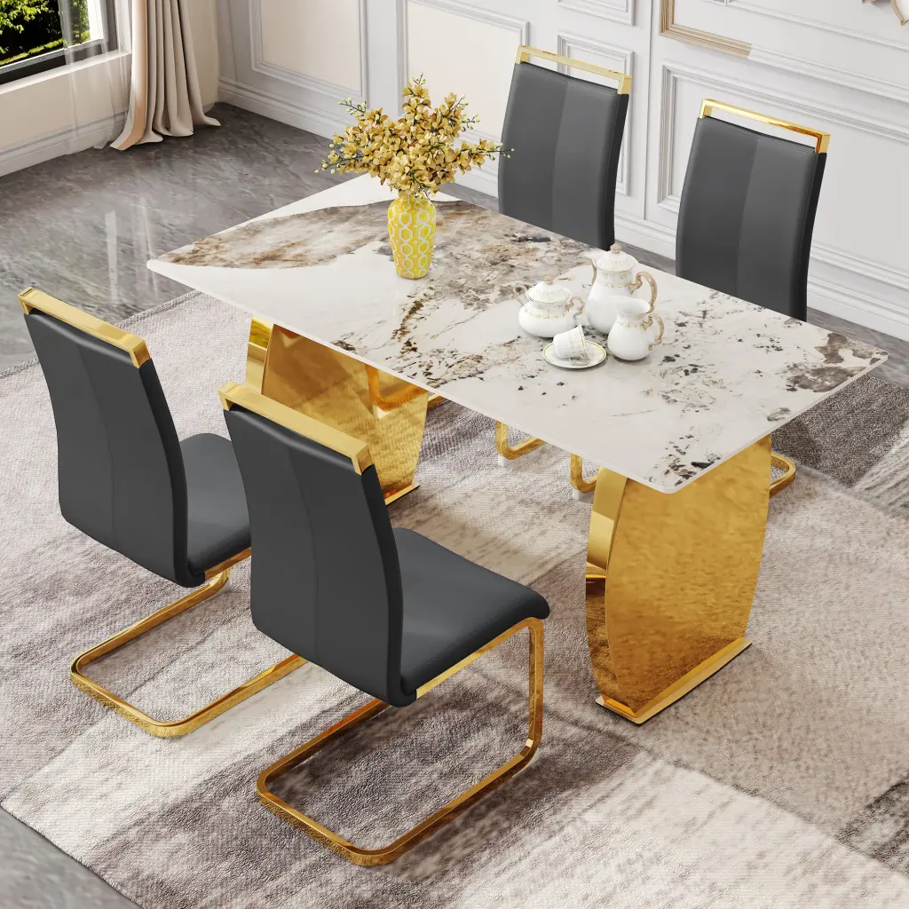 Table And Chair Set Rock Plate Table Top and Gold Metal Legs droom w-1151
