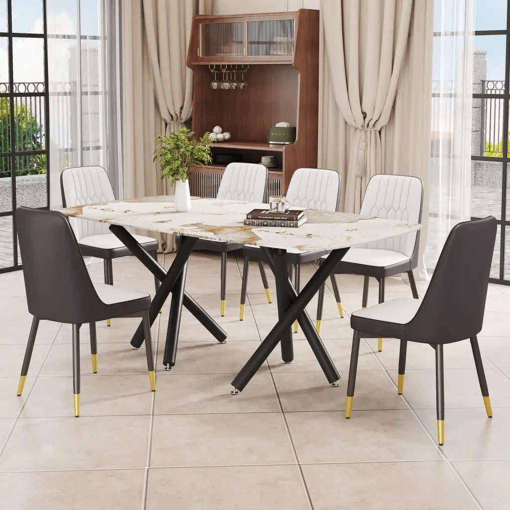 1 Table And 6 Chairs Set Rectangular Dining Table 0.39 Inch Top droom w-1151