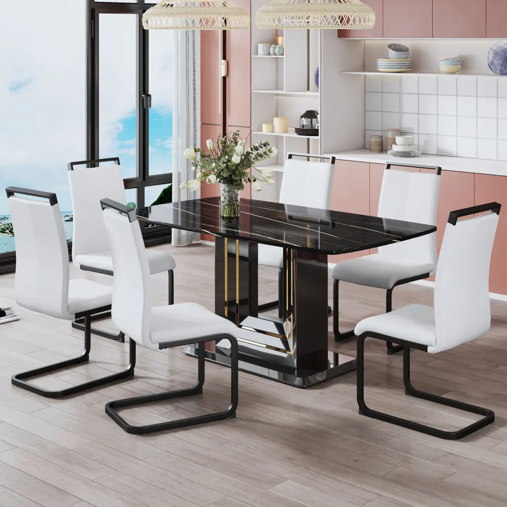 Table and Six Chairs Black Imitation Marble Top droom w-1151